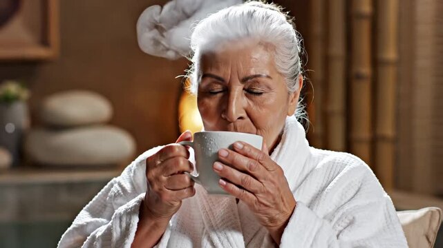 Serene Elderly Woman Enjoying Hot Beverage in Spa Robe with Steam Rising Warm Lighting and Bamboo Decor Relaxing Moment of Tranquility