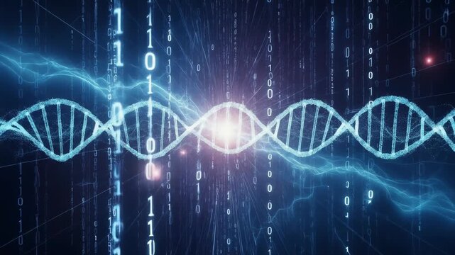 Information data genetics technology science research Glowing DNA double helix over digital code and light conveying genomic analysis data and computational biology - Powered by Adobe