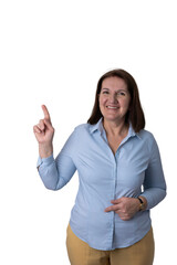 Mature woman smiling pointing up having idea transparent background