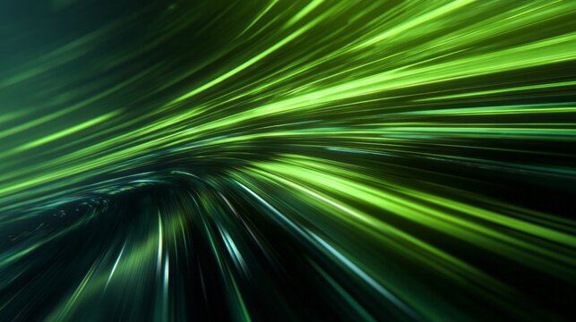 Bright neon green light streaks rush through a dark curved tunnel environment