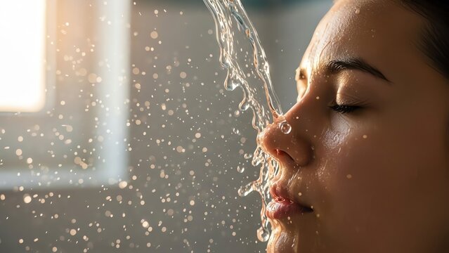 Water splashing on face closeup