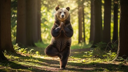 Mindful Nature: Brown Bear Standing on One Leg in a Yoga Tree Pose (Vrksasana) in a Sunny Forest with a Butterfly on its Head