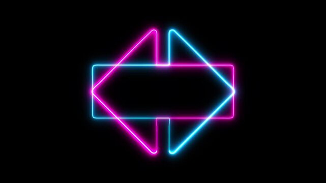 Glowing neon pink and aqua arrows double-sided directional sign with futuristic vibrant lighting effect.