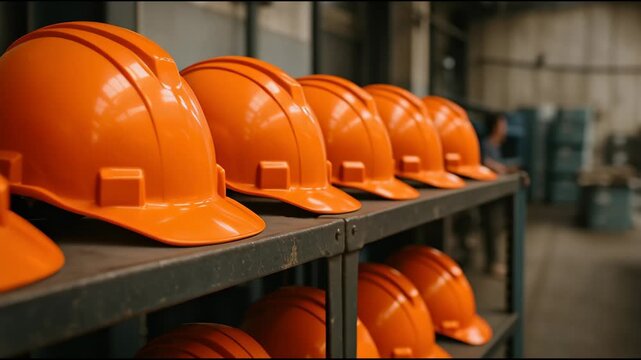 Safety protection preparedness helmet hardhat orange display protective headgear lined on a shelf conveying workplace readiness and confidence