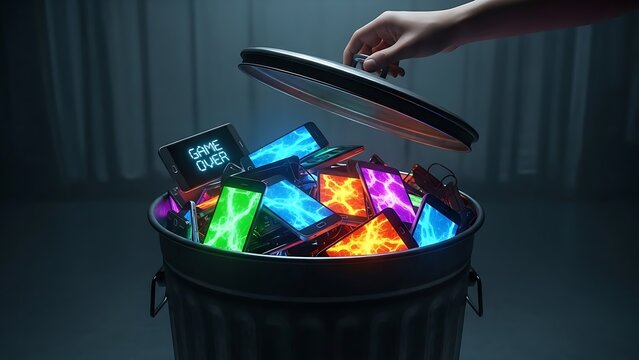 Digital Addiction End: Hand Disposing of Brightly Glowing Smartphones with 'Game Over' Screen into a Dark Trash Can