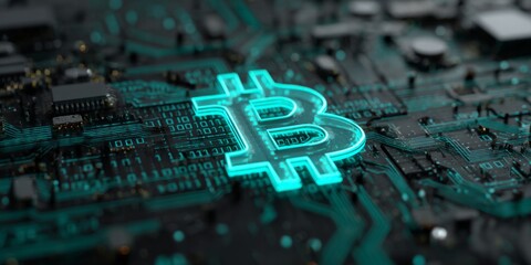 Glowing digital currency symbol illuminates complex electronic circuit board with binary code