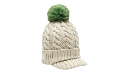 Isolated knit cable cap with peak and green pom pom for winter or spring fashion style