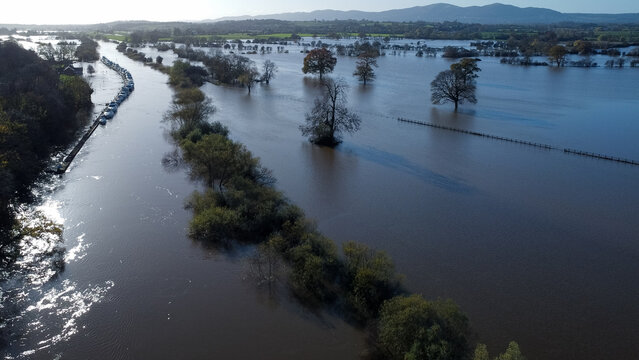 Flooded countryside with fields underwater River Severn, Worcestershire, UK