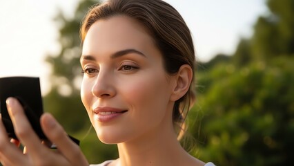 Woman looking at reflection in mirror outdoors