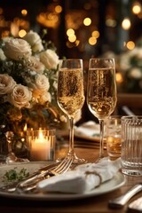 Romantic Dinner Setting with Champagne and Candlelight, Elegantly Adorned with Roses