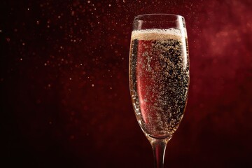 Champagne glass with sparkling bubbles on a festive dark red background