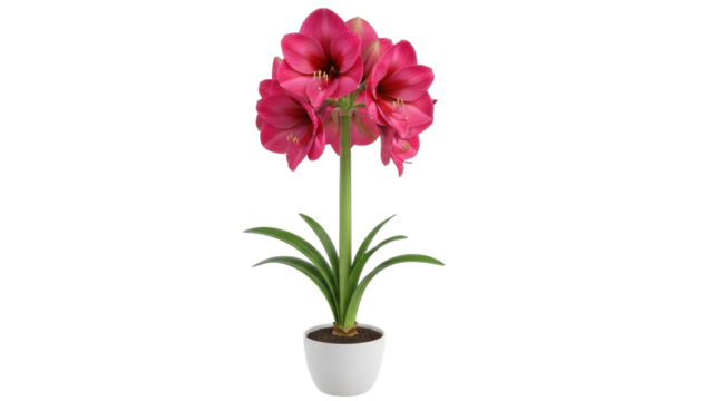 Isolated Amaryllis plant with pink flowers in ceramic pot for commercial use, no background