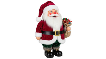 Isolated Santa Claus figurine holding sack of gifts Christmas holiday season decor studio