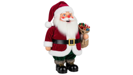Isolated Santa Claus figurine holding sack of gifts Christmas holiday season decor studio