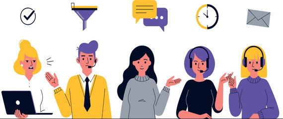 Customer service team vector illustration with call center agents, chat icons, communication support and helpdesk assistance concept