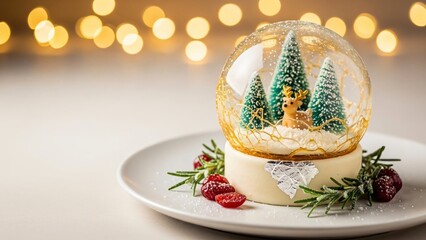 Delightful Christmas snow globe dessert with festive fir trees and a sweet reindeer centerpiece, garnished with berries and rosemary