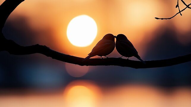 Two birds in silhouette perched on a branch, with a sunset background. The birds are close together, possibly kissing. The scene is outdoors, at dusk.