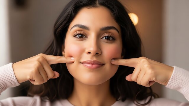 Woman pinching cheeks smiling face closeup