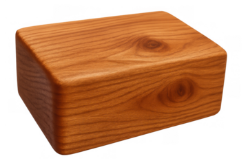 Wooden block presenting natural wood grain texture with rounded edges, brown wood material isolated on transparent background