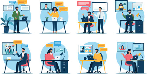 Customer support team vector illustration with call center agents, communication icons, headset support and teamwork service concept
