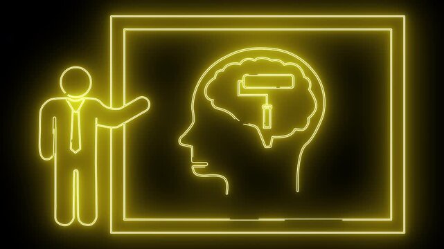 A neon yellow drawing of a man in front of a brain with a paint roller inside all framed