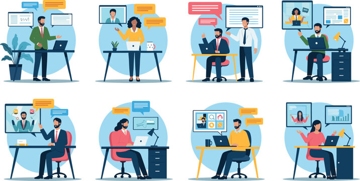 Customer support team vector illustration with call center agents, communication icons, headset support and teamwork service concept