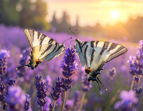 Two butterflies with striped wings gracefully rest on lavender blossoms. Golden sunlight bathes the scene, creating a peaceful ambiance