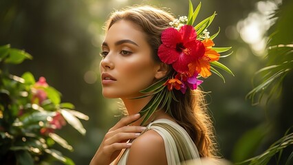 Naklejka premium Woman with floral hairpiece in tropical setting