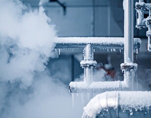 Frozen Infrastructure: A striking scene of industrial infrastructure, pipes and valves encased in ice, releasing a plume of vapor, hinting at a cold environment and intense industrial processes.
