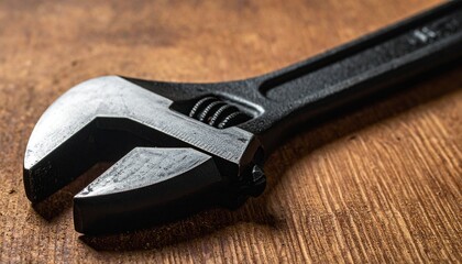 Black Adjustable Wrench on Wooden Surface in Industrial Close-Up Composition with Metal Texture and Grain Detail