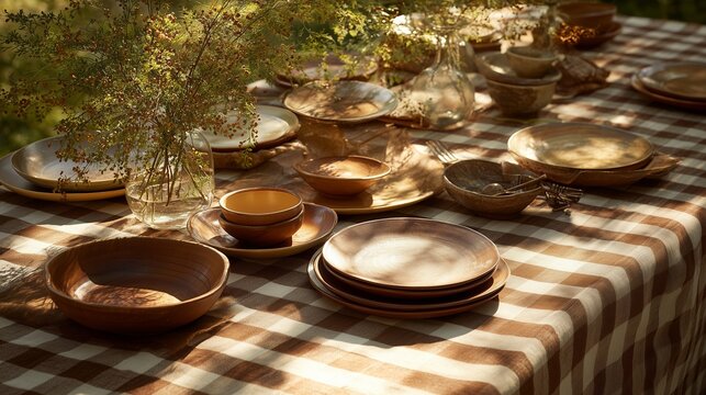 Rustic outdoor table setting with handcrafted dishes and natural decor for a cozy gathering