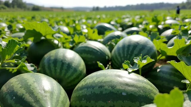 Vibrant green watermelons growing in rows on a sunny summer day in a large agricultural field, surrounded by lush leaves and natural landscape in the background.