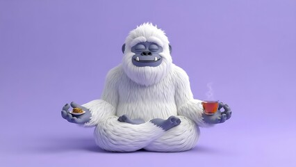 Zen Yeti: Happy 3D Cartoon Abominable Snowman Meditating in Lotus Position with Hot Tea and a Small Snack on a Lavender Background