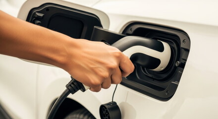 Hand Plugging Electric Car Electric Vehicle EV Charger Into Vehicle Port For Sustainable Energy