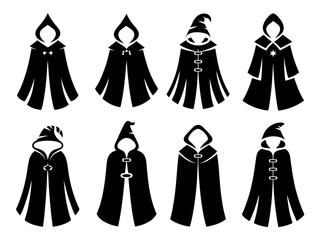 A collection of eight stylized black hooded cloaks and robes on a white background.