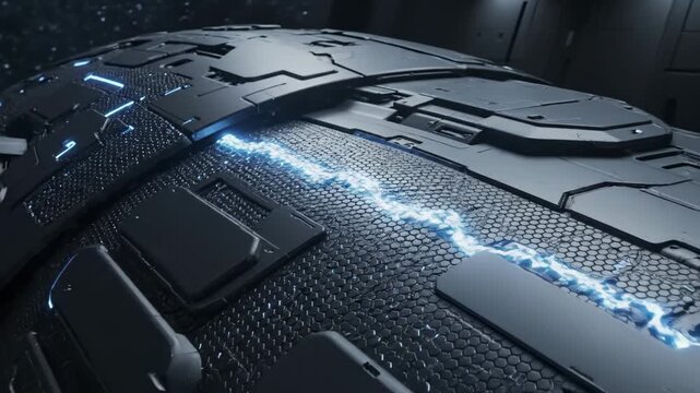 Intricate patterns of metal and light come alive in this stunning visual journey. Watch as glowing lines pulse and weave across a sleek surface, revealing stunning details.