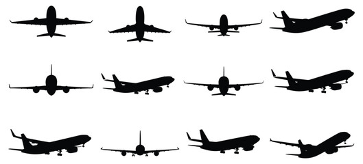 Airplane Silhouette Vector Set With Front And Side Aircraft Views In Black Aviation Illustration Style For Flight Design Artwork, Featuring Clean Minimal Shapes And Detailed Transport Graphics