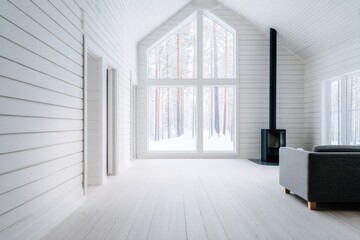 Bright and airy modern living room with large windows overlooking a snowy forest landscape