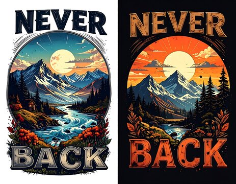 Two identical vibrant illustrations show a mountain landscape with the sun, river, trees, and the words "NEVER BACK" arching
