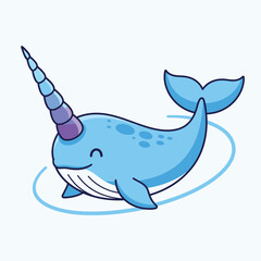 A cute cartoon narwhal with a colorful, spiraled unicorn horn smiling happily while swimming in a circle.