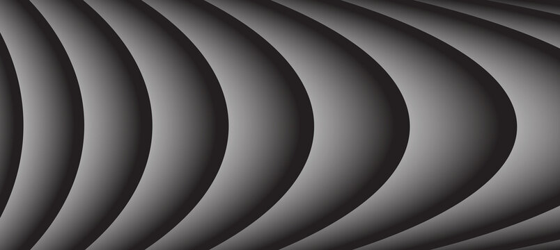 Abstract grayscale background with repeating curved, layered, and shadowed threedimensional wave pattern