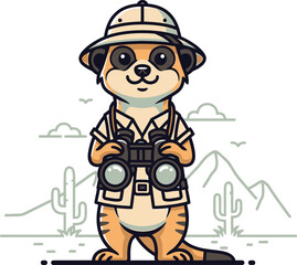 Cute cartoon meerkat explorer wearing a pith helmet and holding binoculars in a desert landscape.