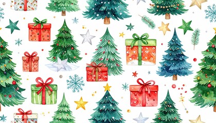Watercolor Christmas Trees and Gifts Seamless Pattern Festive Holiday Design.