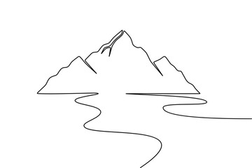 One line art  landscape of mountains and river in simple illustration