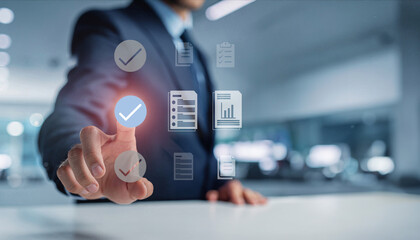 チェックマークのデジタルアイコンに触れるビジネスシーンのイメージ