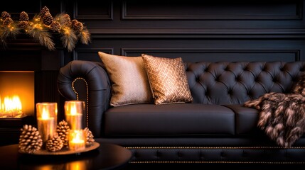 Cozy living room scene featuring a dark leather sofa with decorative pillows, candles, and festive decor