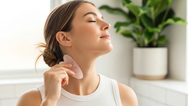 Woman using facial massage tool for skincare