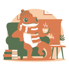 A cozy cartoon gecko wearing a winter hat and scarf enjoys a hot drink in an armchair by the fireplace.