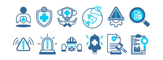 HSE icon collection set. ContainingHealth, safety, prevention,environment, Risk Assessment, Hazard, Incident, PPE (Personal Protective Equipment).Simple flat vector.