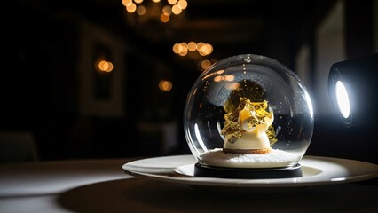 An exquisite gourmet dessert adorned with gold flakes, beautifully presented under a glass cloche in a fine dining restaurant